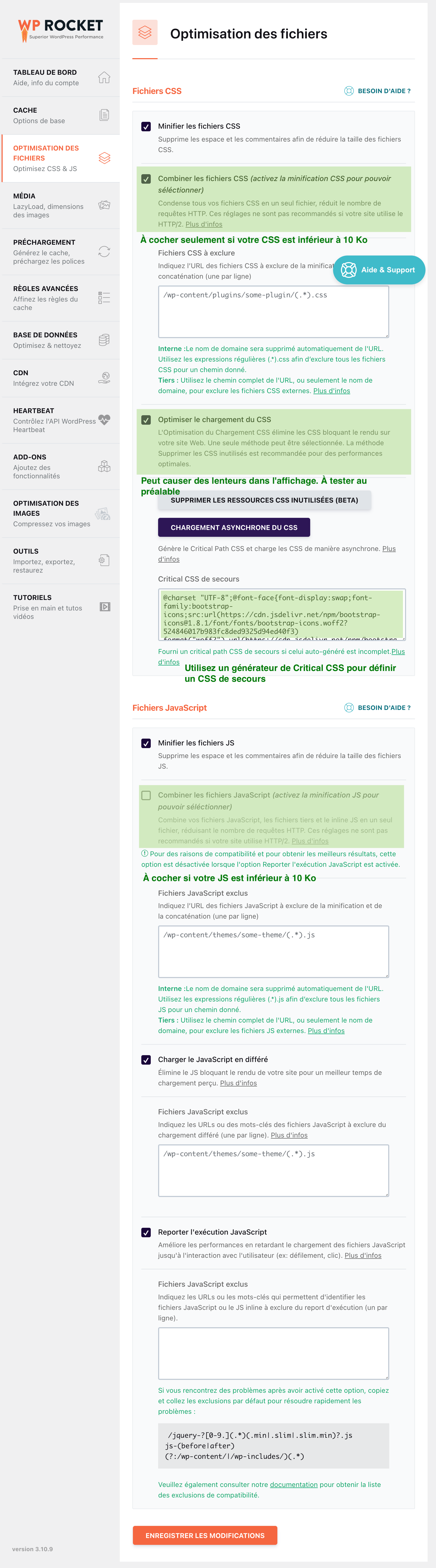 WP Rocket - onglet optimisation des fichiers