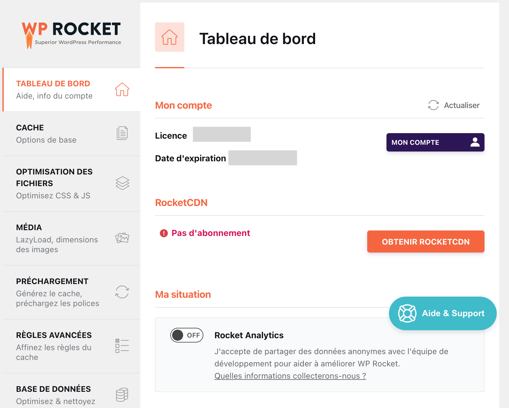 WP Rocket - tableau de bord