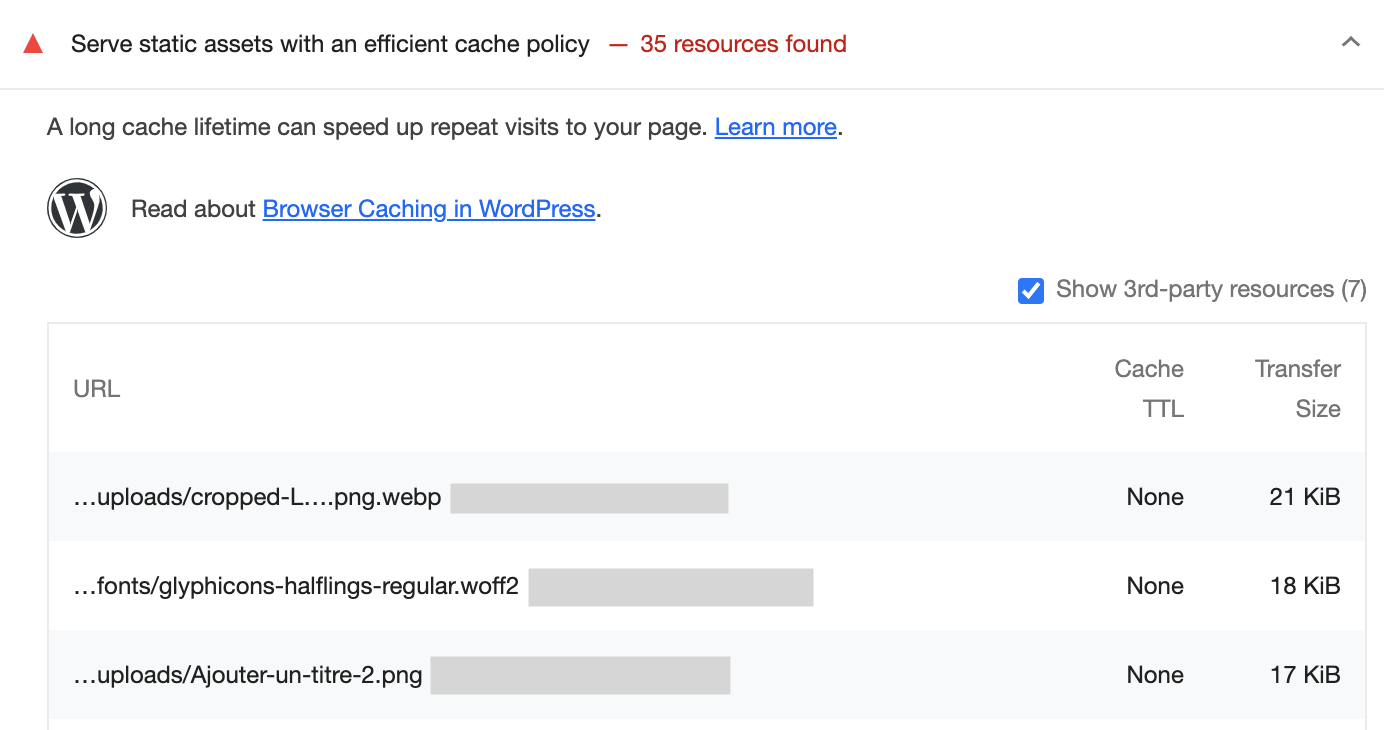 Avertissement de Google Lighthouse :  Serve static assets with an efficient cache policy